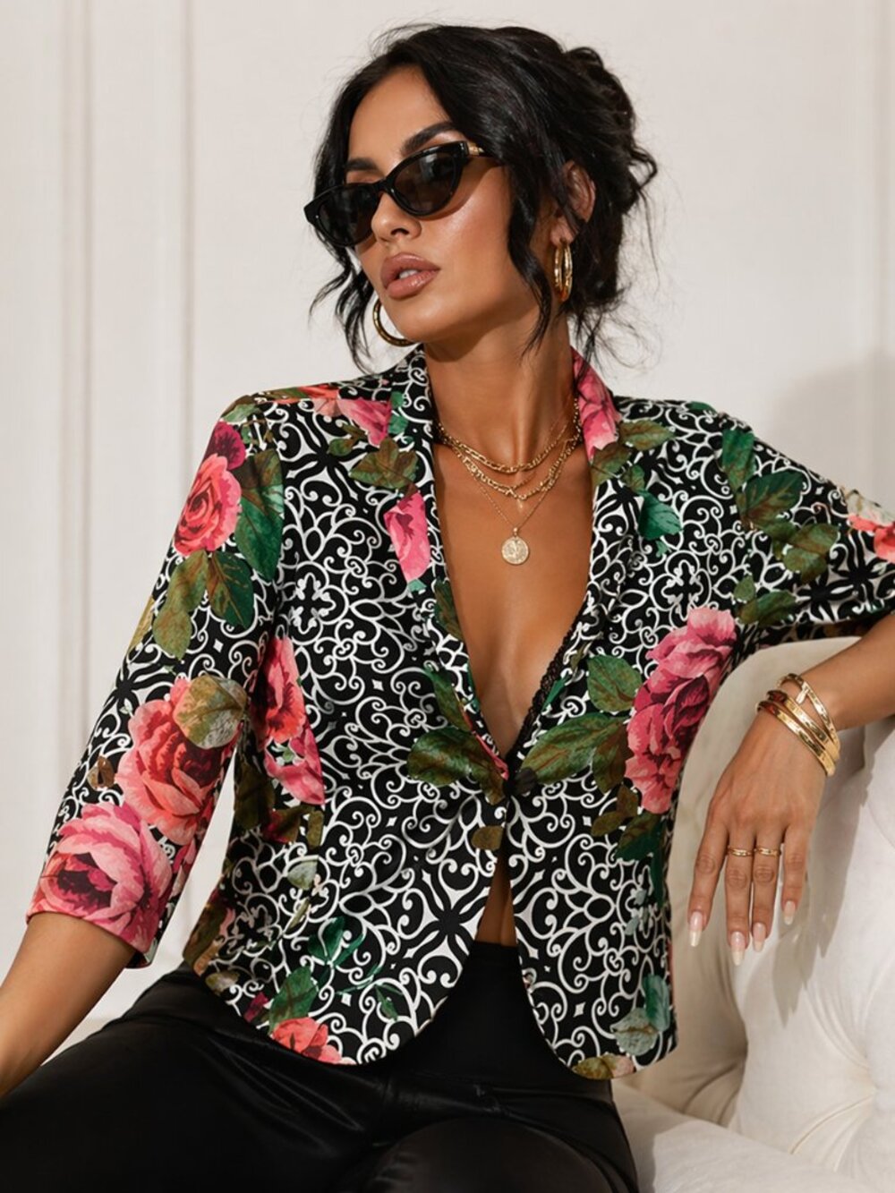 NWT JOSEPH RIBKOFF Women's Size 14 Floral Print Jacket Blazer 3/4 Sleeves Knit